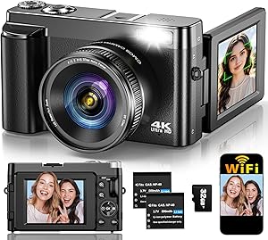 4K Digital Camera for Photography Autofocus, Upgraded 64MP WiFi Vlogging Camera for YouTube with 3" 180° Flip Screen